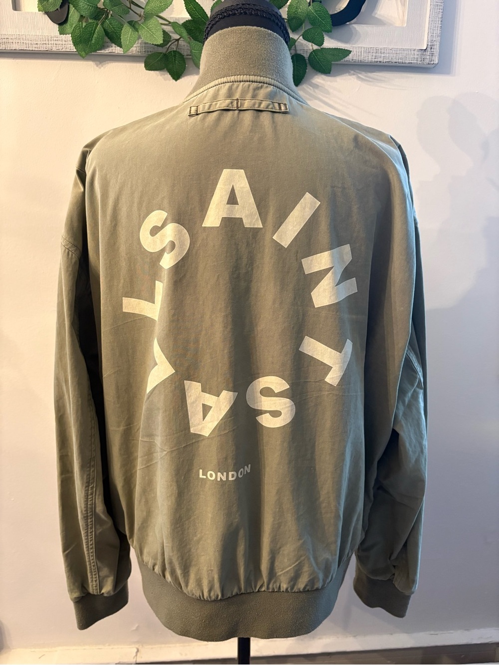 AllSaints Olive Green Graphic Bomber Jacket with White Logo